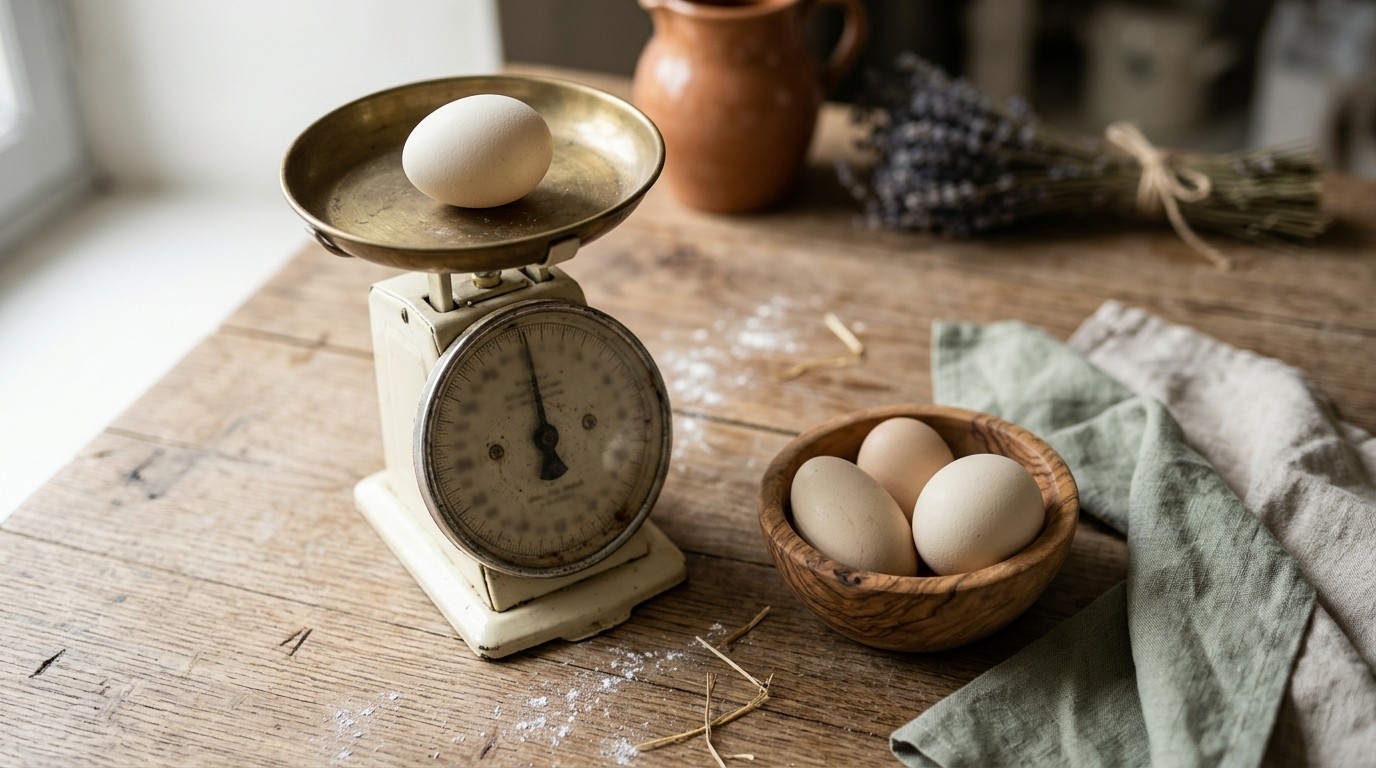 Balance de cuisine portant un œuf crème, près d'un bol de quatre œufs variés