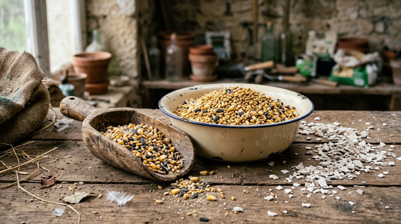 Bol en émail usé rempli de granulés dorés, maïs, graines de tournesol et grains de coquille blanche