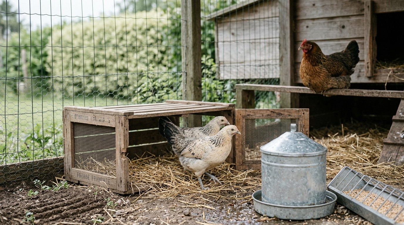 Deux poules pâles sortent prudemment d'une caisse de transport, observées par une poule rousse perchée