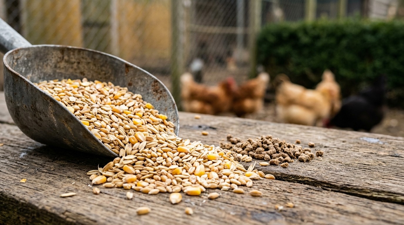 Gros plan d'une pelle galvanisée déversant des grains pour volailles sur une planche de bois