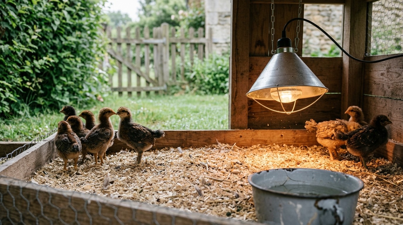Jeunes poulettes à demi-emplumées près d'une lampe infrarouge dans un coin d'élevage en jardin