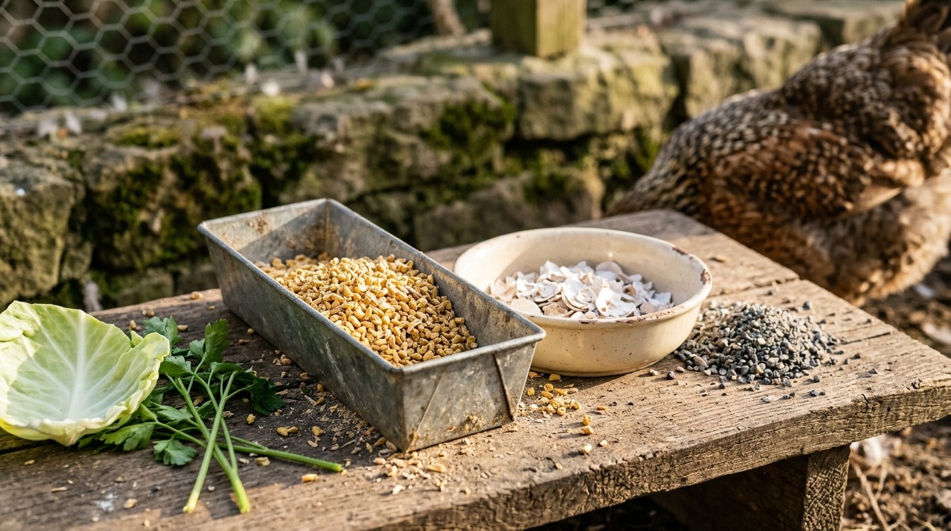 Mangeoire en bois dans un poulailler, auge remplie de granulés dorés et de coquilles d'huîtres