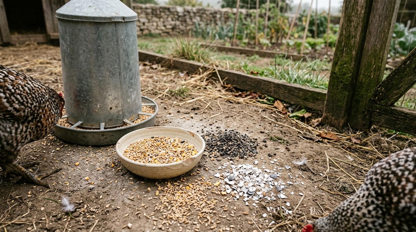 Mangeoire galvanisée et bol de grains répandus sur la terre battue d'un poulailler