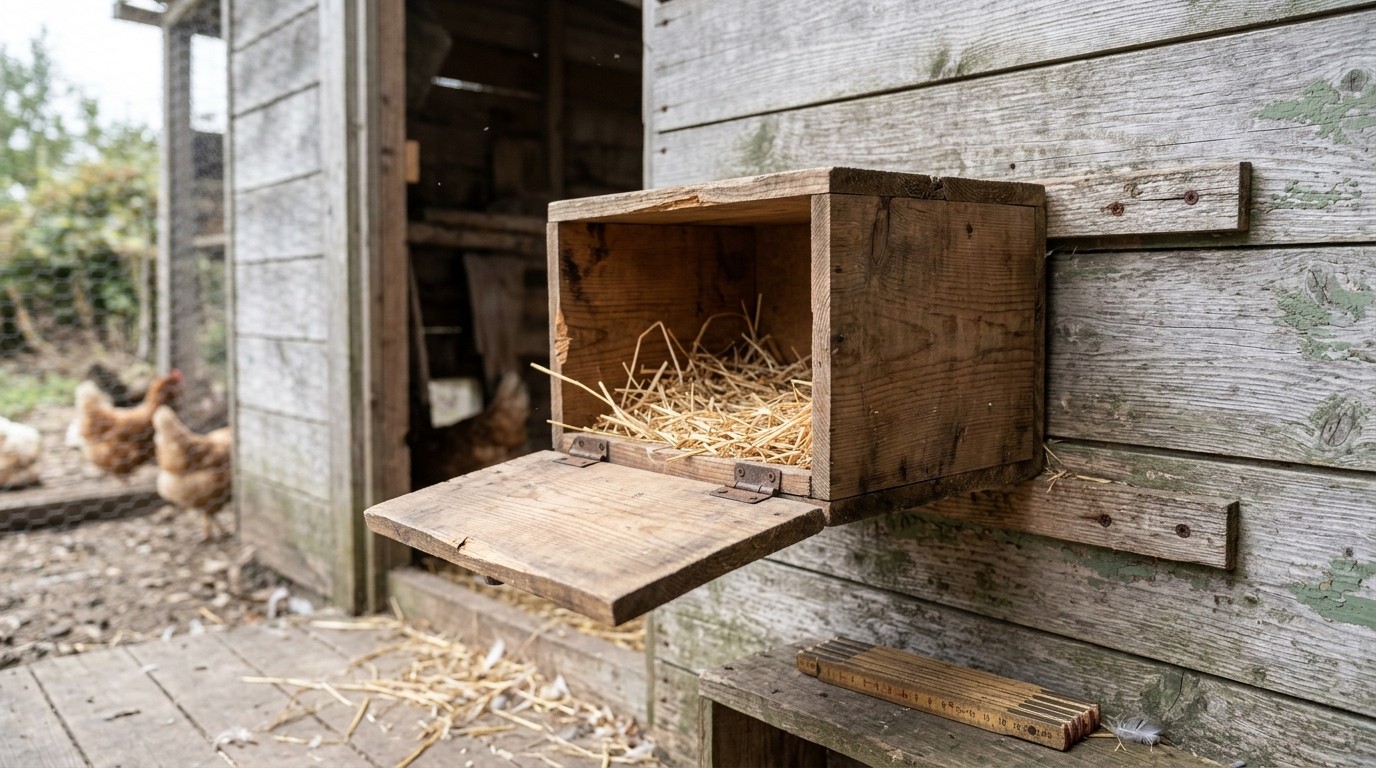 Nid en bois suspendu à un mur de poulailler, porte ouverte sur une paille claire