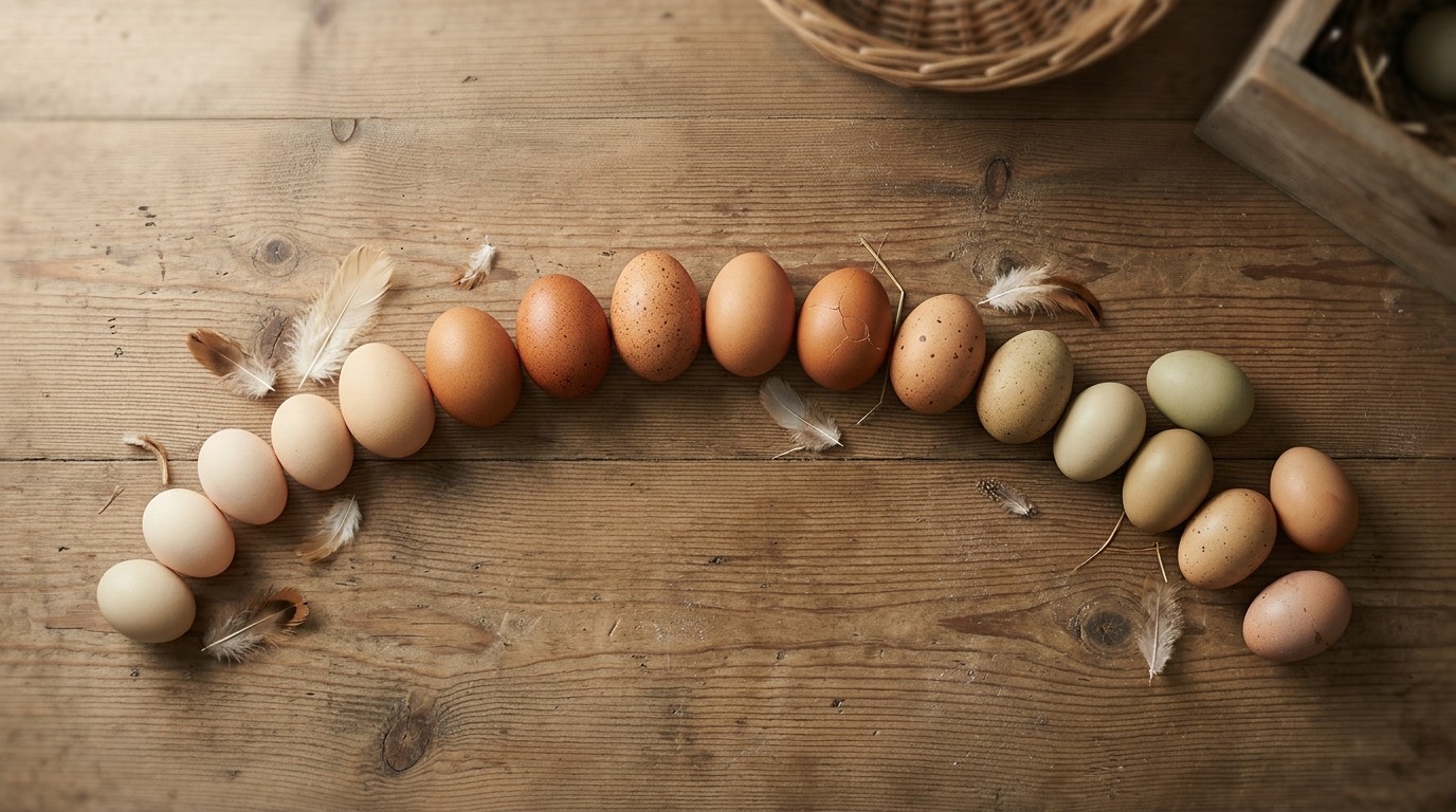 Œufs de ferme en arc sur table de pin, du crème au brun, quelques plumes