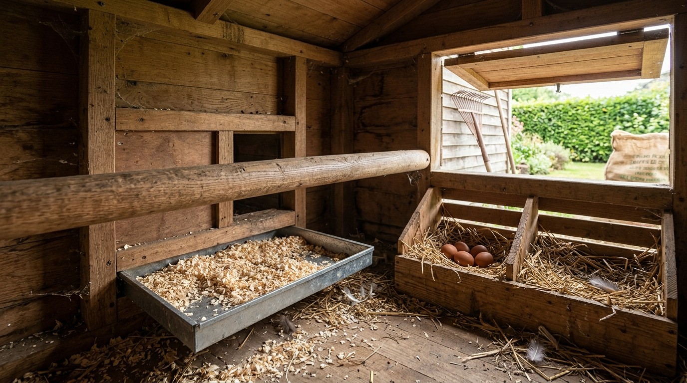 Poulailler en bois avec perchoir lisse, nids garnis de paille et œufs bruns