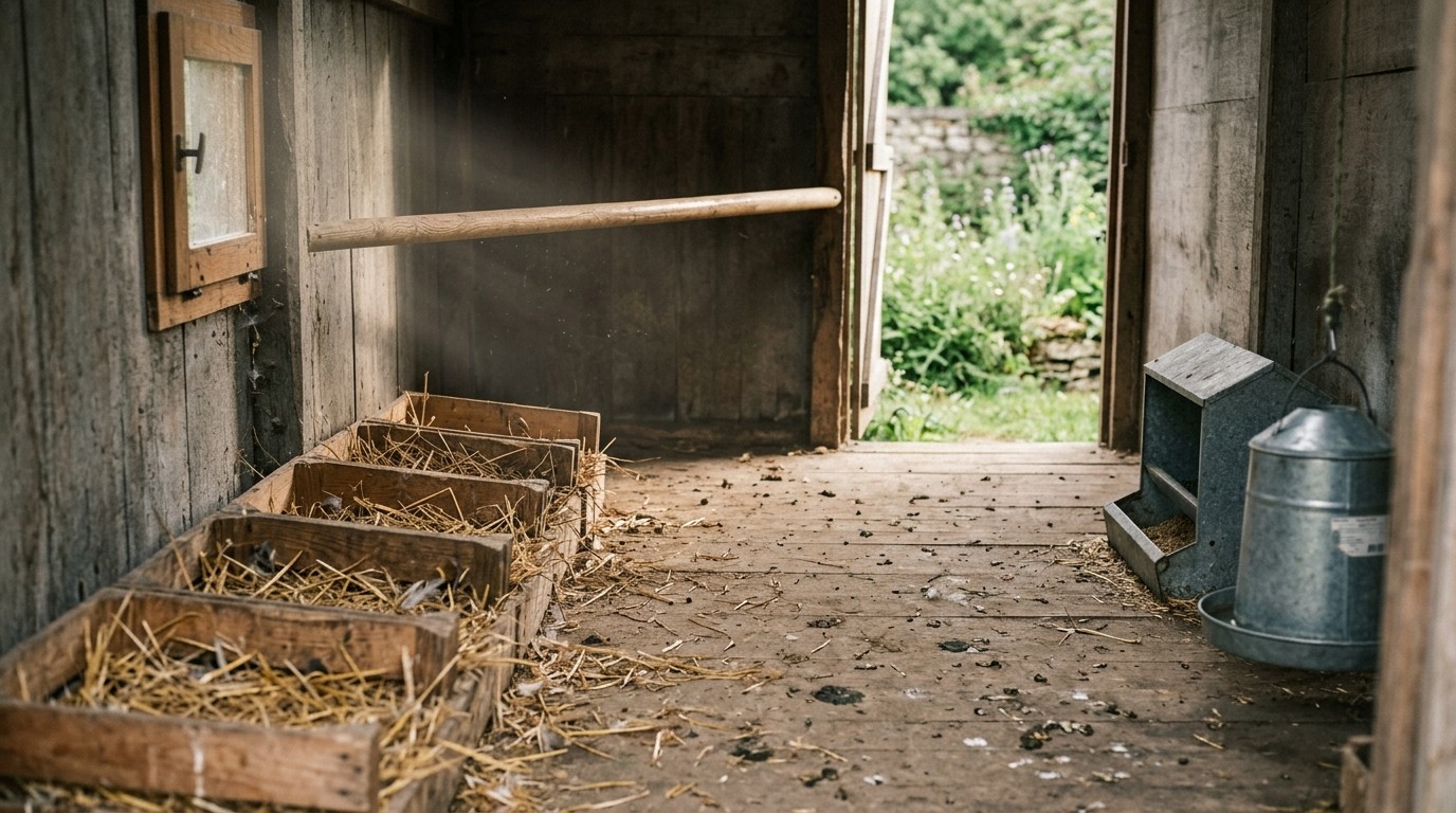 Poulailler en bois éclairé le matin, nids de paille au premier plan et perchoir vide