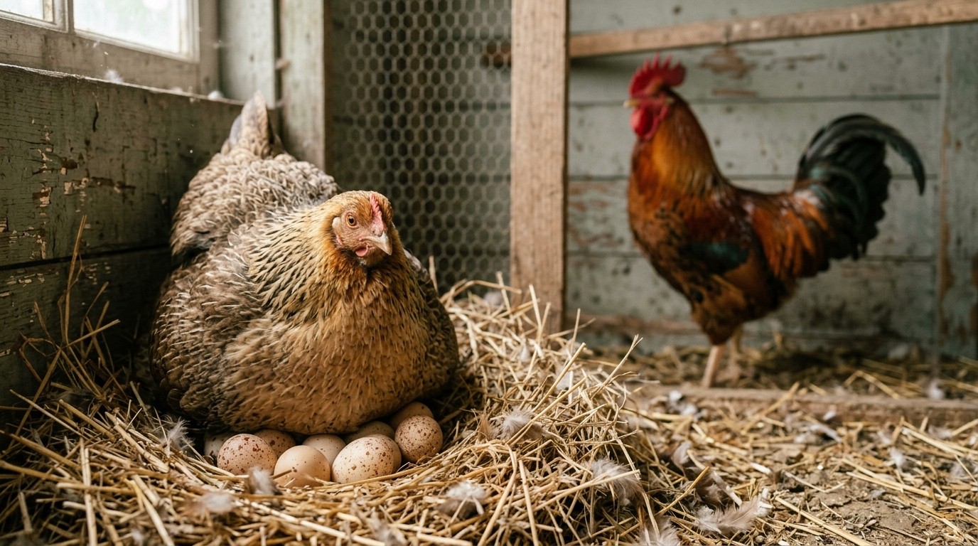 Poule couveuse sur des œufs tachetés dans un nid de paille, coq cuivré flou au fond
