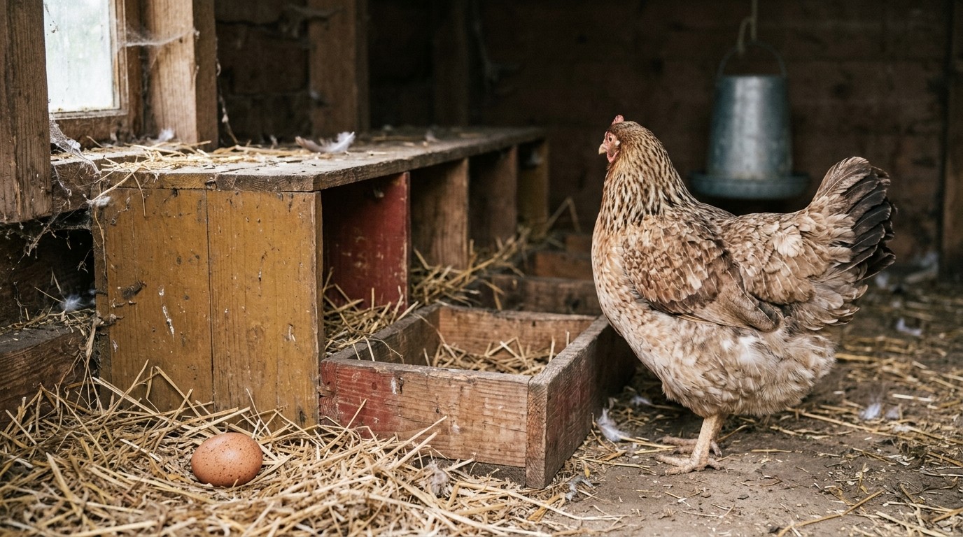 Poule dodue près d'un nid vide, un œuf tacheté reposant dans la paille