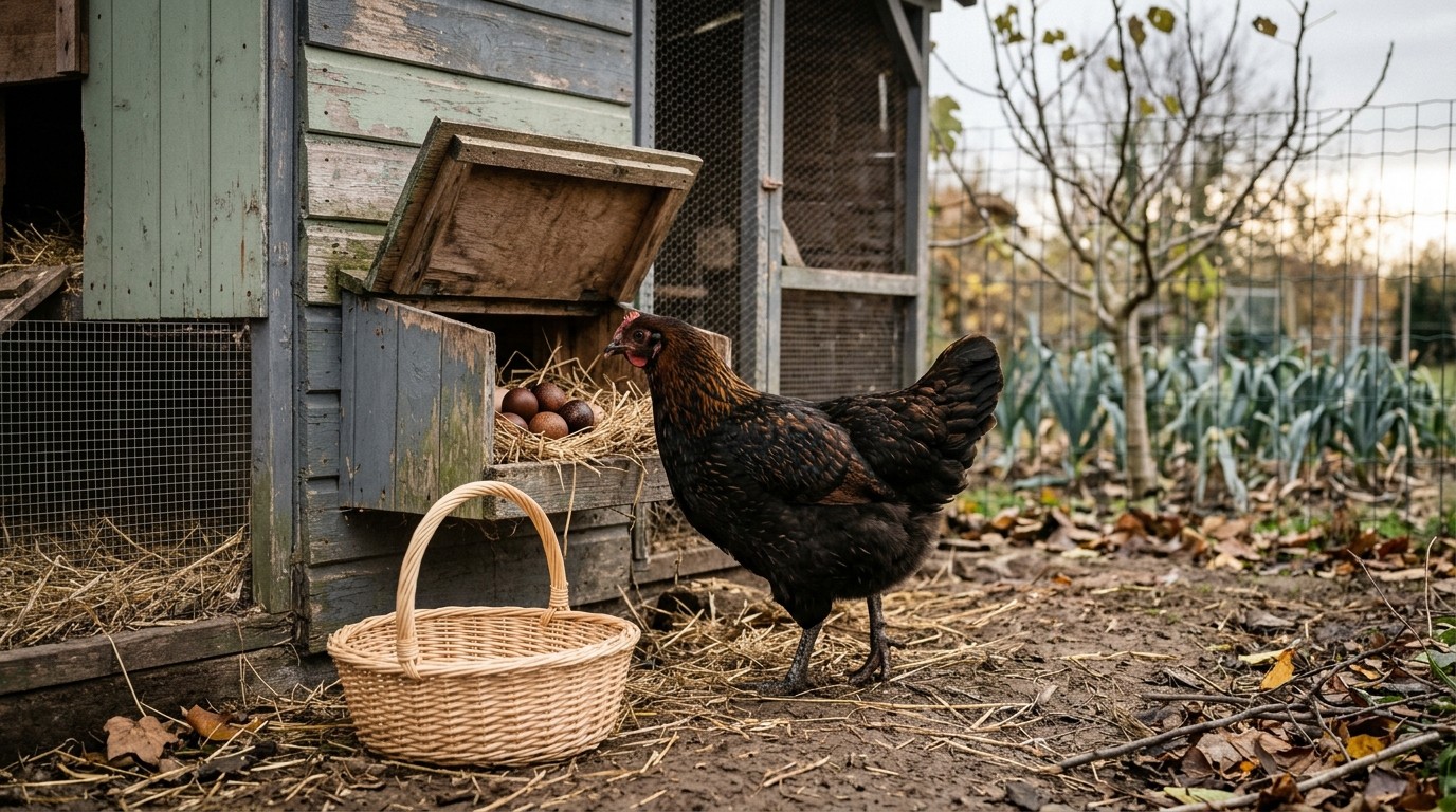 Poule Marans au plumage cuivré près d'un nid en bois, œufs visibles dans la paille
