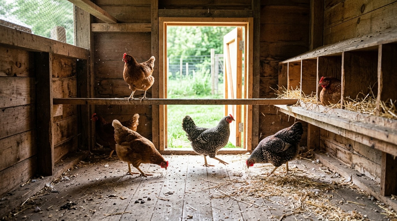 Poules brunes tachetées sur un perchoir de bois, une s'approchant de la porte lumineuse