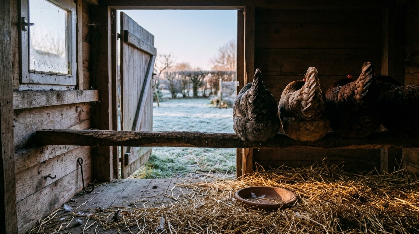 Poules perchées dans un poulailler rustique, paille dorée et herbe givrée visible par la porte