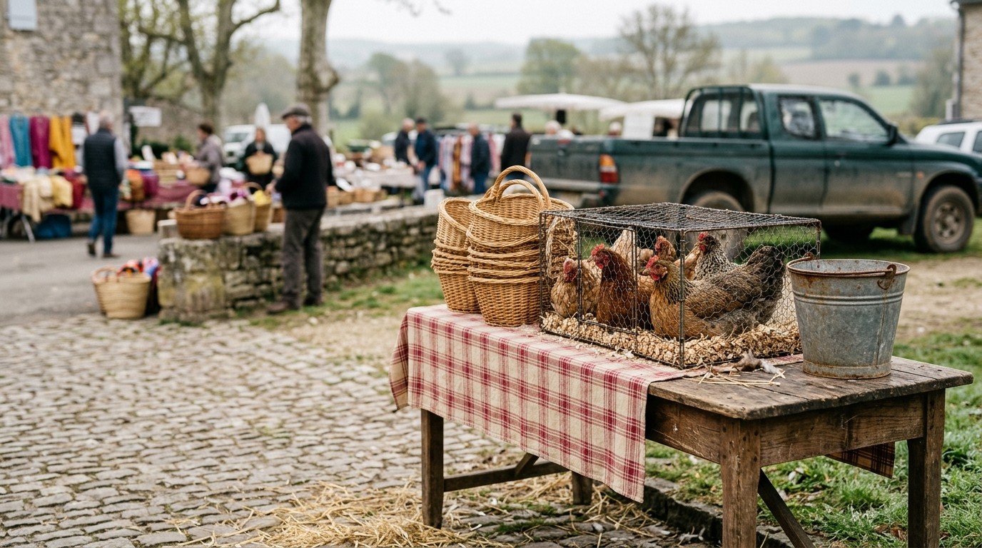 Table de marché en bois usé, paniers de paille vides et poules calmes dans un seau