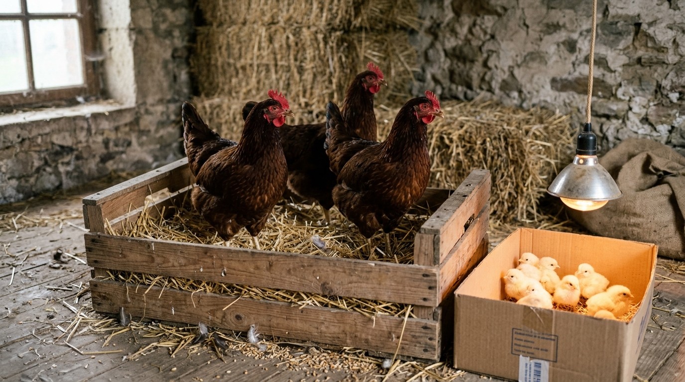 Trois jeunes poules sur la paille d'une caisse en bois, poussins duveteux dans un carton voisin