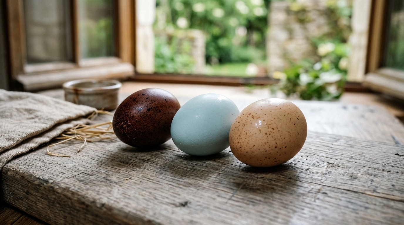 Trois œufs brun chocolat, bleu azur et beige sur planche de chêne, jardin flou en fond