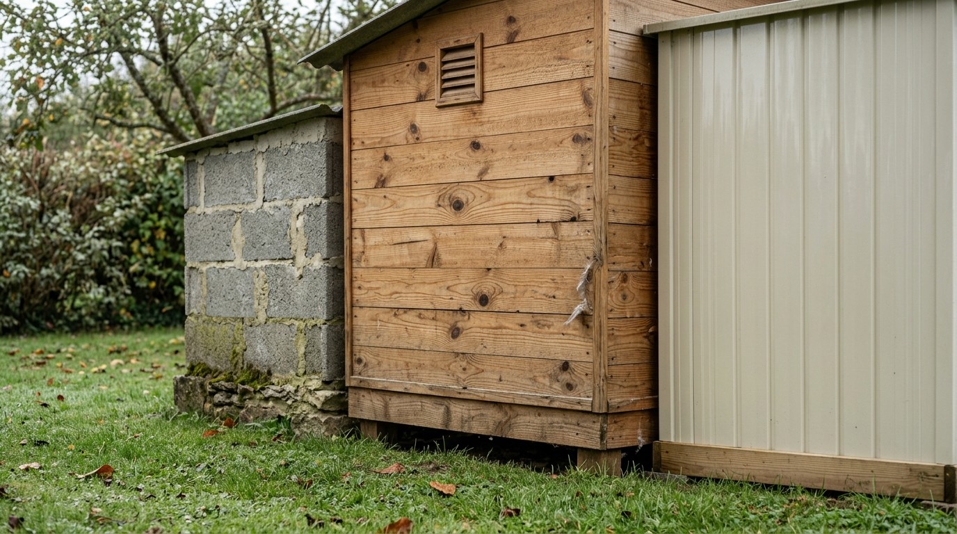 Trois panneaux de poulailler en pin, béton gris et plastique clair sur une pelouse humide