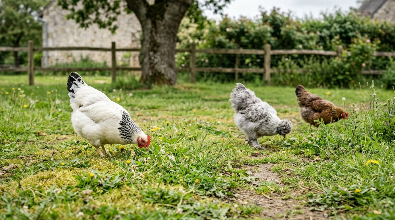 Trois poules de races différentes picorant ensemble sur une pelouse ensoleillée de jardin