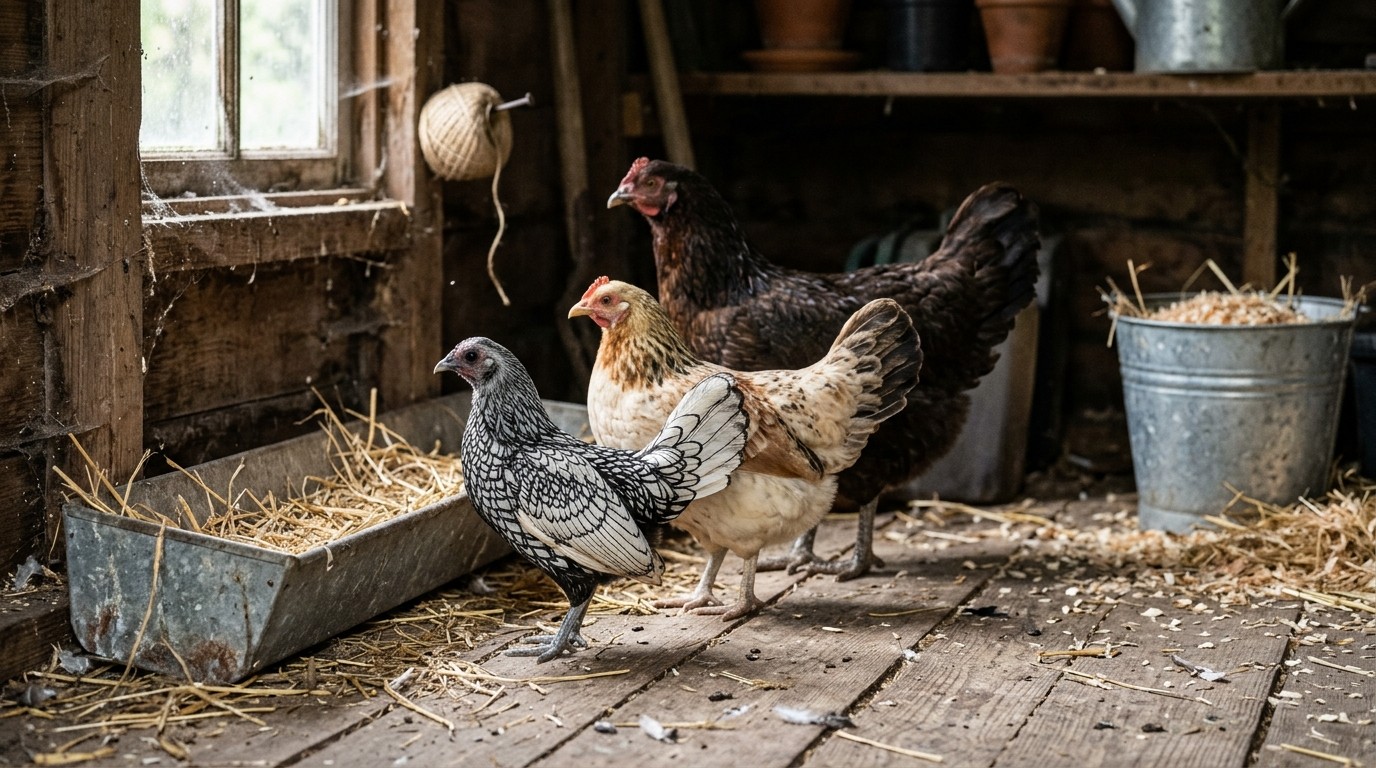 Trois poules de tailles différentes alignées de profil devant une mangeoire en paille
